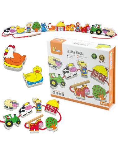 VIGA Wooden Intertwining Blocks Montessori Threading Farm