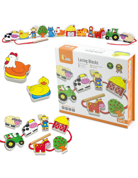 VIGA Wooden Intertwining Blocks Montessori Threading Farm