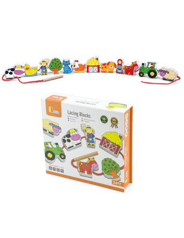 VIGA Wooden Intertwining Blocks Montessori Threading Farm