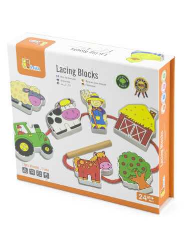 VIGA Wooden Intertwining Blocks Montessori Threading Farm