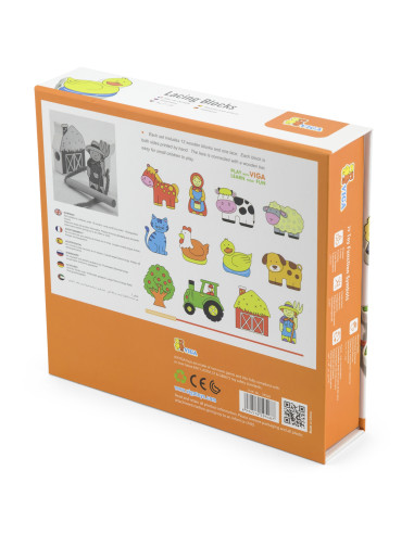 VIGA Wooden Intertwining Blocks Montessori Threading Farm