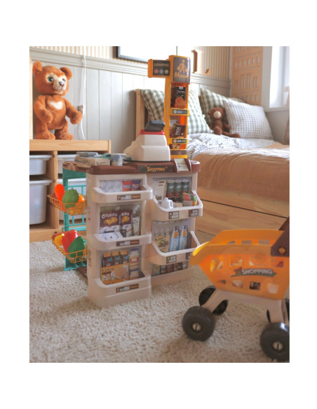 WOOPIE prekybos centras su vežimėlio svarstyklėmis ir kasos aparato skaitytuvu + 48 priedai.