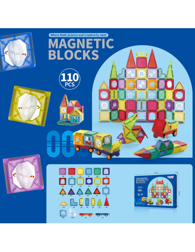 Конструктор WOOPI Magnetic Construction Blocks 3D, развивающий набор, замок, транспортные средства, 110 деталей.