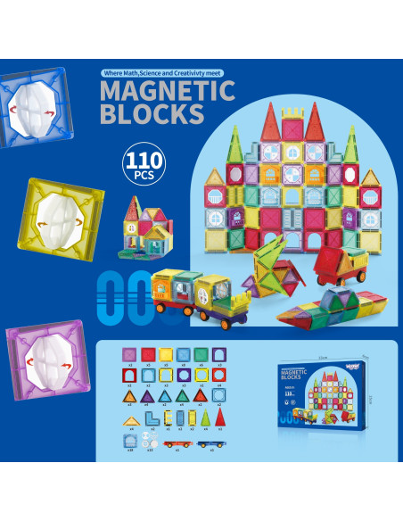 Конструктор WOOPI Magnetic Construction Blocks 3D, развивающий набор, замок, транспортные средства, 110 деталей.