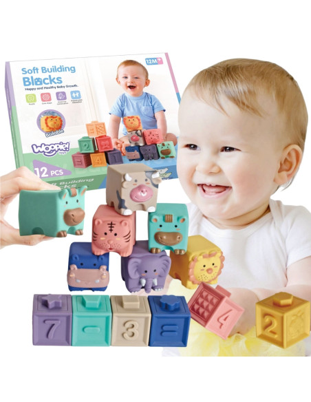 WOOPIE BABY sensorinės, minkštos kaladėlės mokinančios skaičiuoti, skleidžia garsus 12 vnt.