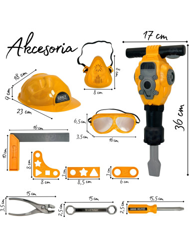 WOOPIE Little Handyman Tool Set Goggles Helmet Pneumatic Hammer 21 pcs.