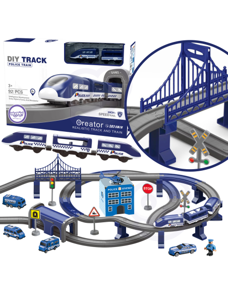 WOOPIE Electric Train Car Track Police Station Helicopter Cars 92 pcs.