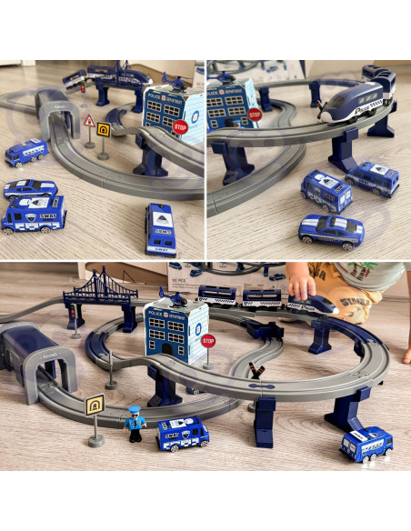WOOPIE Electric Train Car Track Police Station Helicopter Cars 92 pcs.