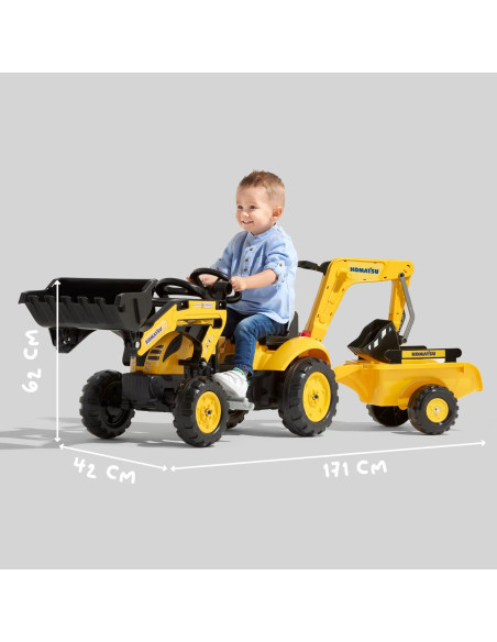 Педальный трактор FALK Komatsu с ковшом экскаватора и прицепом, для детей 2-5 лет.