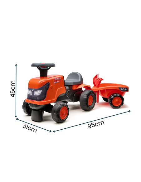 FALK Kubota Ride-on Tractor Orange with Trailer, Silent Wheels + accessories, 1-3 years