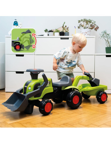 FALK Baby Claas traktorius su ekskavatoriumi, kaušu ir priekaba