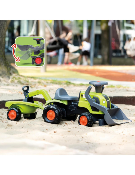 FALK Baby Claas traktorius su ekskavatoriumi, kaušu ir priekaba