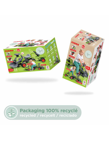 FALK Baby Claas traktorius su ekskavatoriumi, kaušu ir priekaba