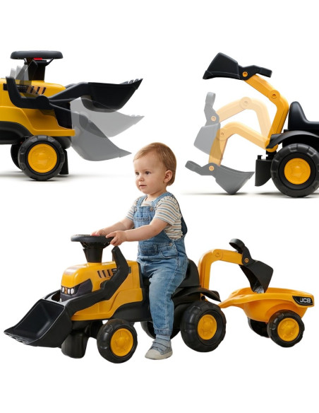 FALK Ride-on JCB Tractor with Trailer, Rake and Shovel, Silent Wheels, 1-3 Years