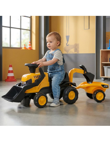 FALK Ride-on JCB Tractor with Trailer, Rake and Shovel, Silent Wheels, 1-3 Years