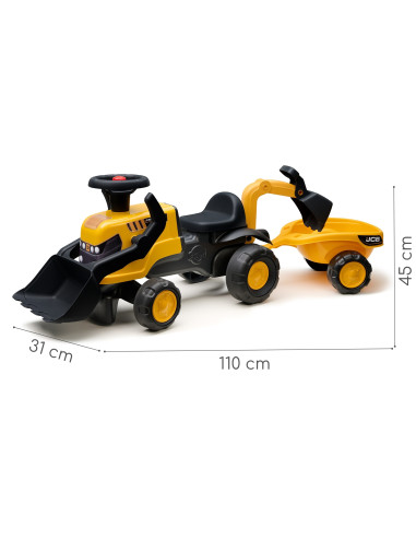 FALK važiuojamasis JCB traktorius su priekaba, grėbliu ir kastuvu, tyliais ratais, 1-3 metų vaikams