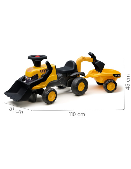 FALK Ride-on JCB Tractor with Trailer, Rake and Shovel, Silent Wheels, 1-3 Years