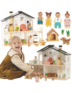 TOOKY TOY medinis lėlių namelis su priedais ir šeima, 20 vnt.