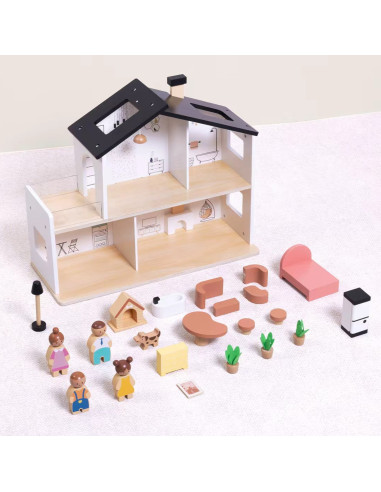 Деревянный кукольный домик TOOKY TOY с аксессуарами и семьей, 20 предметов.