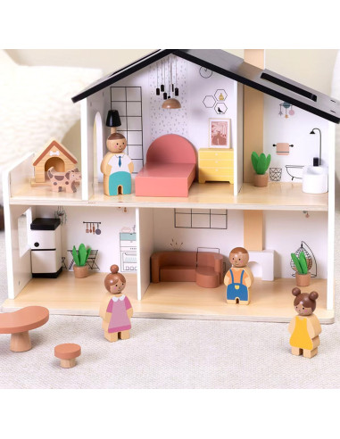 Деревянный кукольный домик TOOKY TOY с аксессуарами и семьей, 20 предметов.