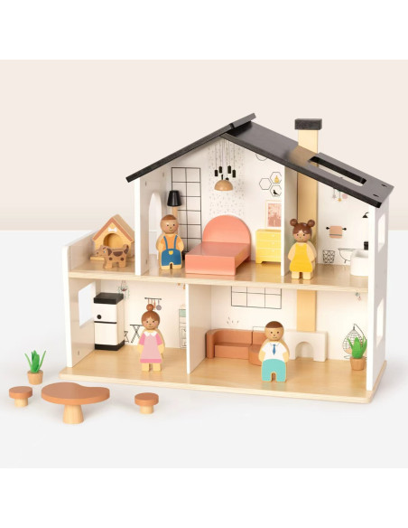 TOOKY TOY Wooden Dollhouse with Accessories and Family 20 pcs.