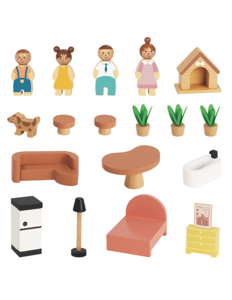 TOOKY TOY Wooden Dollhouse with Accessories and Family 20 pcs.