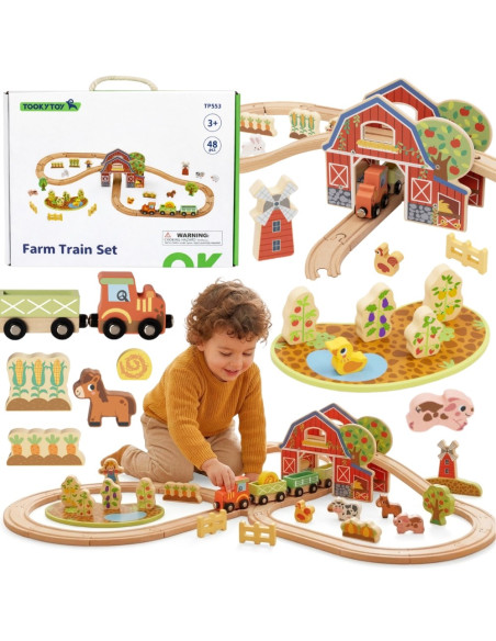 TOOKY TOY medinis ūkio traukinių rinkinys, 48 vnt.