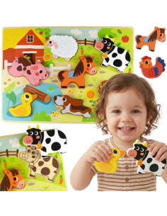 Деревянная головоломка Монтессори TOOKY TOY: животные, ферма, сопоставление форм.