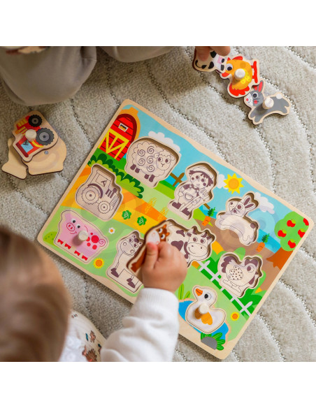 WOOPIE GREEN Medinis Montessori dėlionės ūkis su derančiais smeigtukais