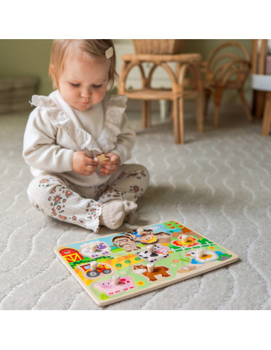 WOOPIE GREEN Medinis Montessori dėlionės ūkis su derančiais smeigtukais