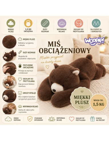 Мягкая игрушка WOOPI, утяжеленный плюшевый мишка Бруно, антистрессовая сенсорная игрушка, тяжелый, 65 см, 1500 г.