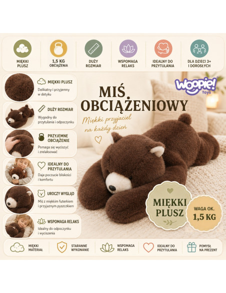 WOOPIE svertinis pliušinis žaislas meškiukas Bruno antistresinis sensorinis sunkusis meškiukas minkštas žaisliukas 65 cm 1500 g