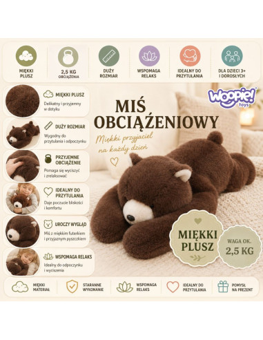 WOOPIE svertinis pliušinis žaislas Balboa meškiukas, antistresinis sensorinis sunkusis meškiukas, 65 cm, 2500 g