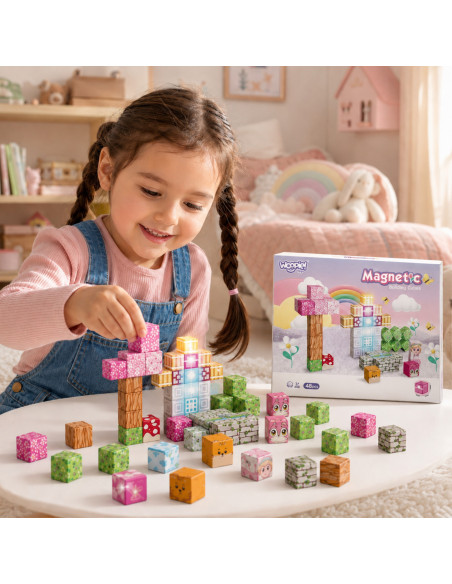 Woopie magnetiniai kubeliai, 48 vnt., Montessori edukacinė 3D dėlionė