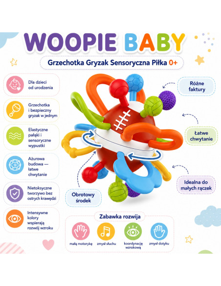 WOOPIE BABY barškutis kramtukas sensorinis kamuoliukas kūdikiams lavinamasis 0+ minkštas