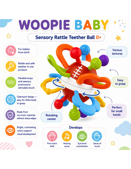 WOOPIE BABY barškutis kramtukas sensorinis kamuoliukas kūdikiams lavinamasis 0+ minkštas
