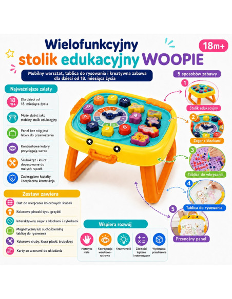 WOOPIE interaktyvus edukacinis stalo dirbtuvės ir 3 viename lenta