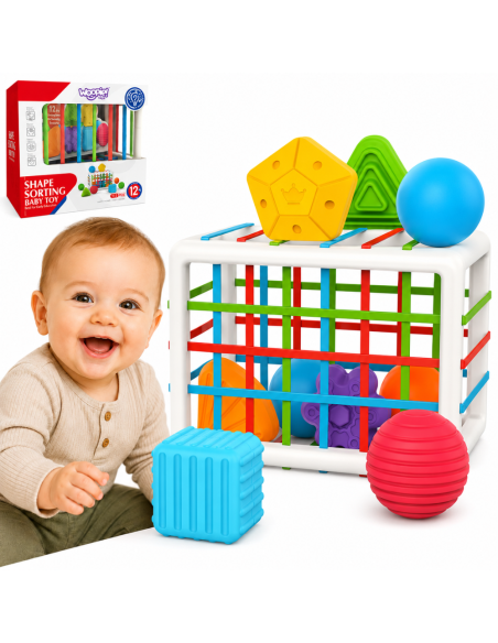WOOPIE BABY Lankstus sensorinis kubelių rūšiavimo rinkinys vaikams, spalvingos formos, 13 vnt.