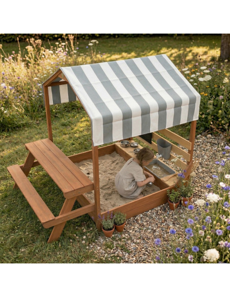 AXI Bo Sandbox with Roof Picnic Table with Bench Mud Kitchen Brown