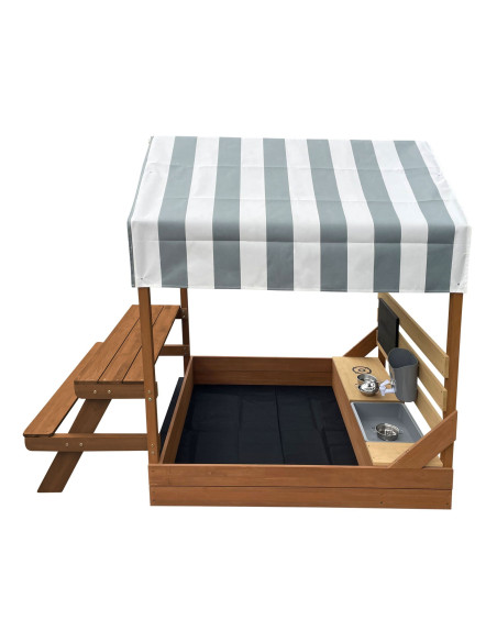 AXI Bo Sandbox with Roof Picnic Table with Bench Mud Kitchen Brown