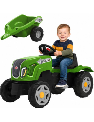 FALK Claas Terra Maxx traktorius su priekaba ir atidaromu variklio dangčiu, 2–6 metų vaikams, žalias