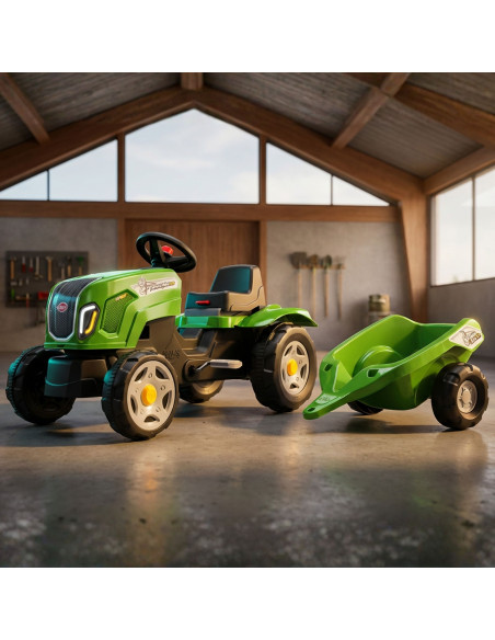 FALK Claas Terra Maxx traktorius su priekaba ir atidaromu variklio dangčiu, 2–6 metų vaikams, žalias