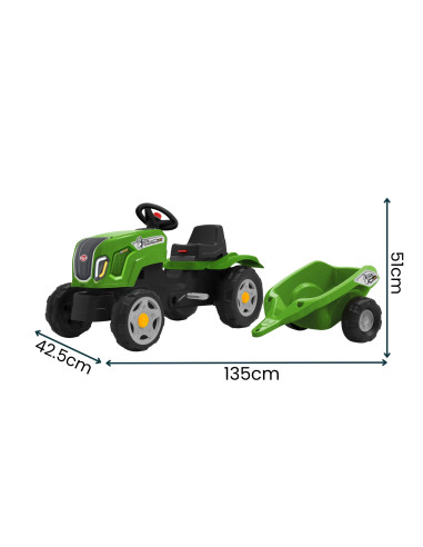 FALK Claas Terra Maxx traktorius su priekaba ir atidaromu variklio dangčiu, 2–6 metų vaikams, žalias