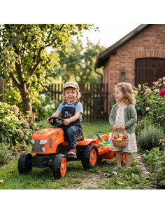 FALK Kubota traktorius su priekaba ir atidaromu variklio dangčiu, 2–6 metų vaikams, raudonas 2