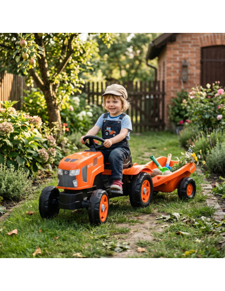 FALK Kubota traktorius su priekaba ir atidaromu variklio dangčiu, 2–6 metų vaikams, raudonas
