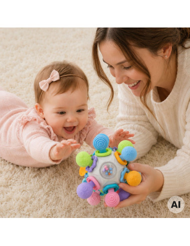 WOOPIE BABY sensorinis žaislas-kramtukas kamuoliukas 3 viename, nuo 6 mėn+