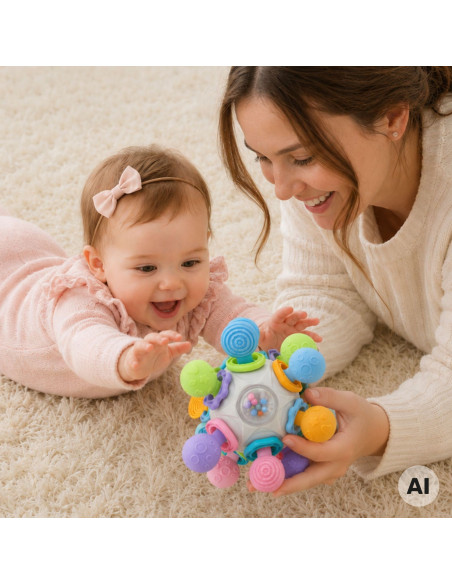WOOPIE BABY sensorinis žaislas-kramtukas kamuoliukas 3 viename, nuo 6 mėn+