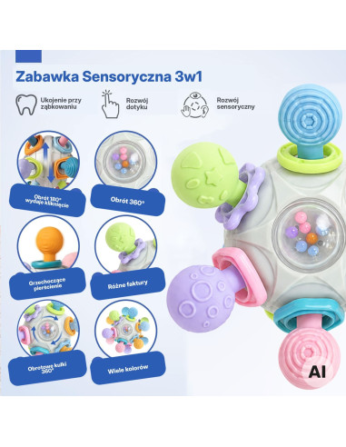 WOOPIE BABY sensorinis žaislas-kramtukas kamuoliukas 3 viename, nuo 6 mėn+