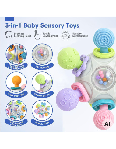 WOOPIE BABY sensorinis žaislas-kramtukas kamuoliukas 3 viename, nuo 6 mėn+