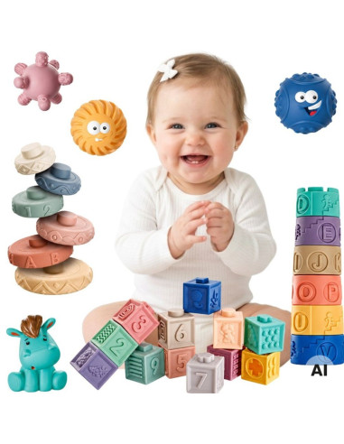 WOOPIE BABY 27 minkštų sensorinių kaladėlių rinkinys